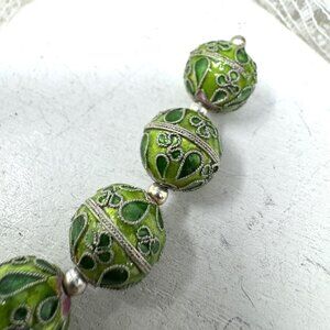 Vintage Green Cloisonné Beads With Silver-Tone Accents For Jewelry Making